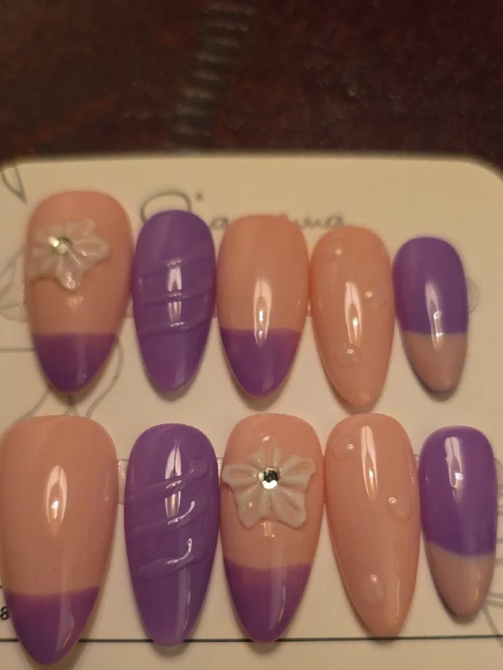 Press-On Nail Set — Pink and Purple Floral French Tips Size Large